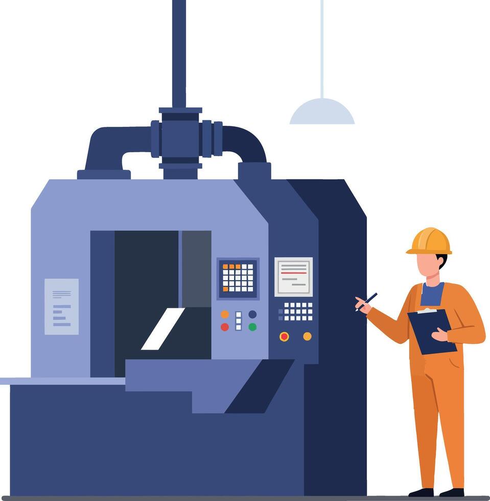 A technician inspecting a large industrial machine in a modern factory setting, featuring flat design elements and vibrant colors, illustration vector