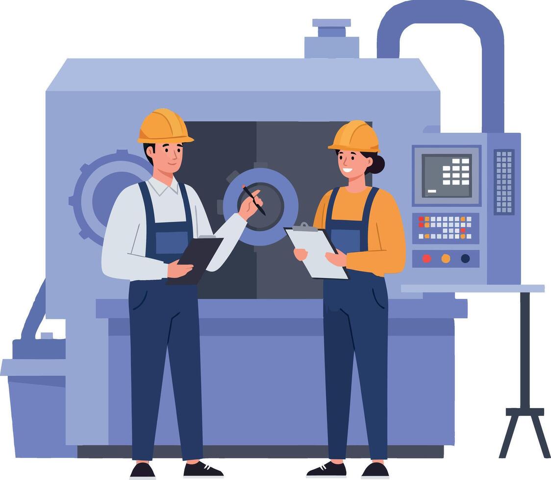 Two factory workers discussing machine operations in a detailed illustration featuring a large industrial machine and safety gear vector