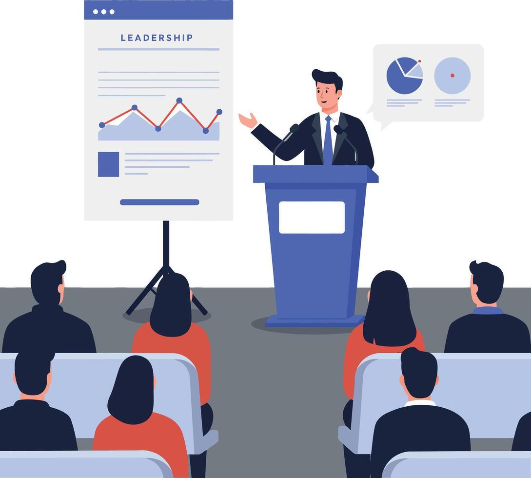 Business professional presenting a leadership seminar with visual aids in a flat illustration style, engaging an attentive audience in a modern setting vector