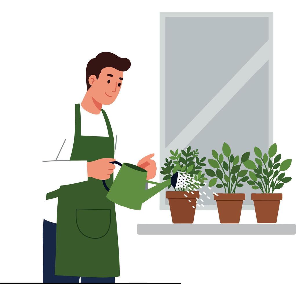 A man in a green apron watering potted plants by a window in a flat and minimal illustration vector