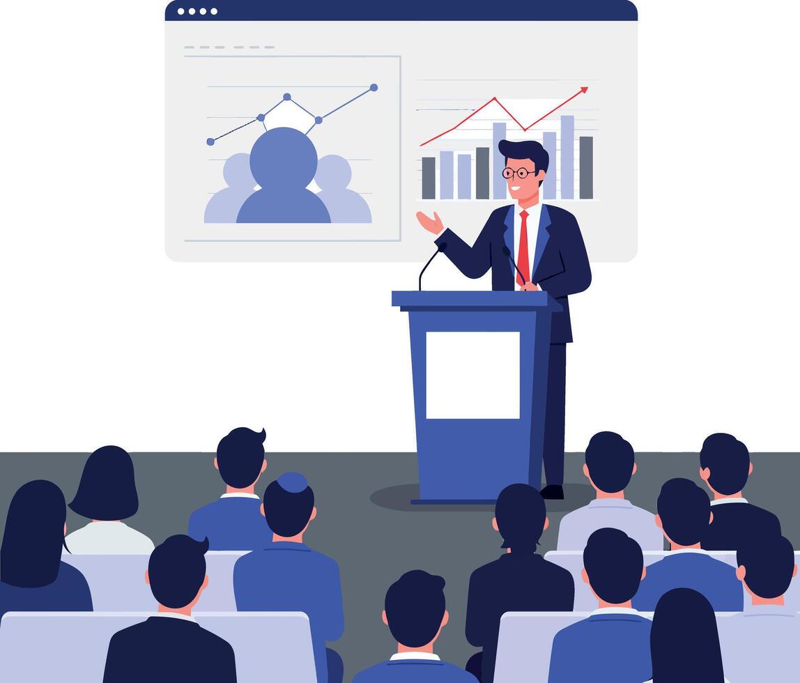 Business presentation scene featuring a confident speaker in a suit delivering insights to an engaged audience in flat art vector