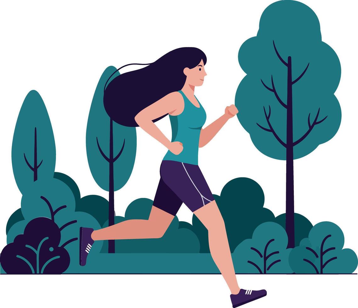 A woman jogging energetically through a lush green park with stylized trees in flat illustration vector