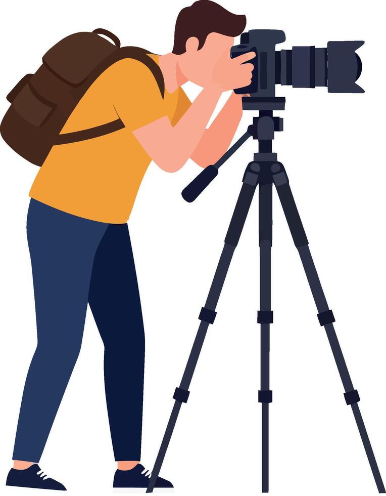 A photographer capturing stunning images with a tripod in a creative flat illustration showcasing focus and enthusiasm vector