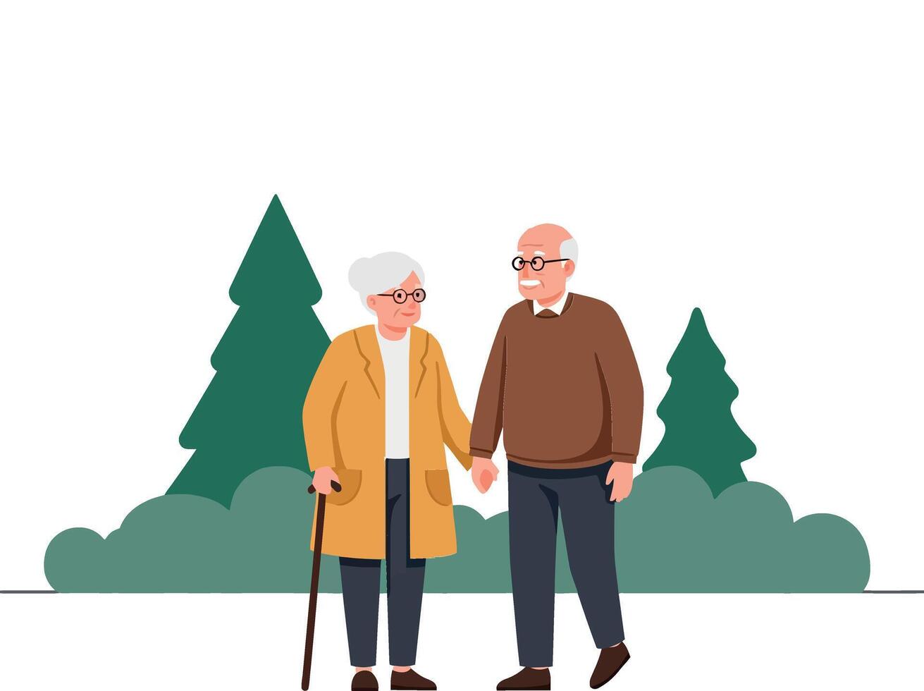 Elderly couple holding hands in a serene park setting, showcasing minimal design style, depicted in vibrant colors, illustration vector
