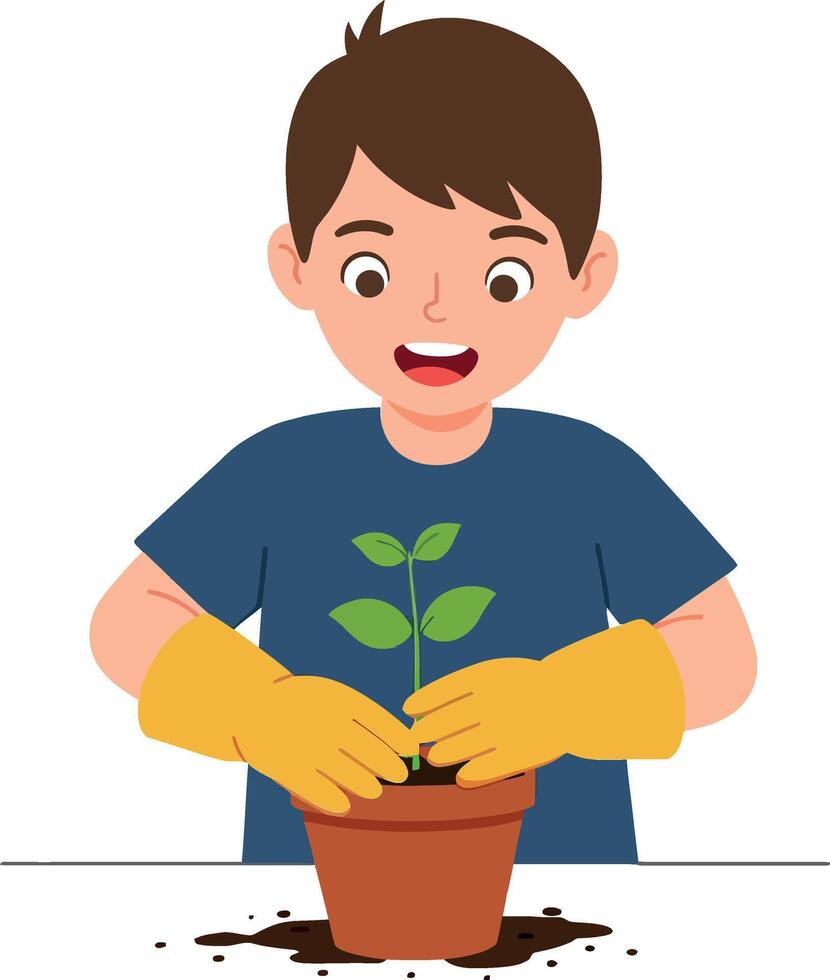 A cheerful boy planting a small green seedling in a brown pot while wearing yellow gardening gloves in a flat illustration vector