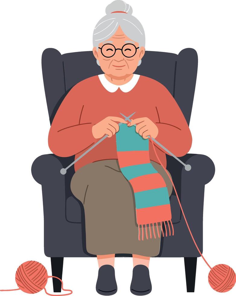 An elderly woman knitting a colorful scarf while seated comfortably in a cozy armchair, minimal illustration vector