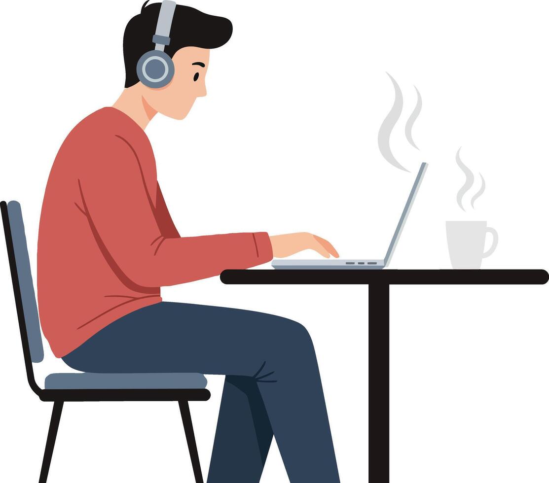 Young man focused on laptop while wearing headphones, enjoying coffee at a modern table, minimal illustration vector