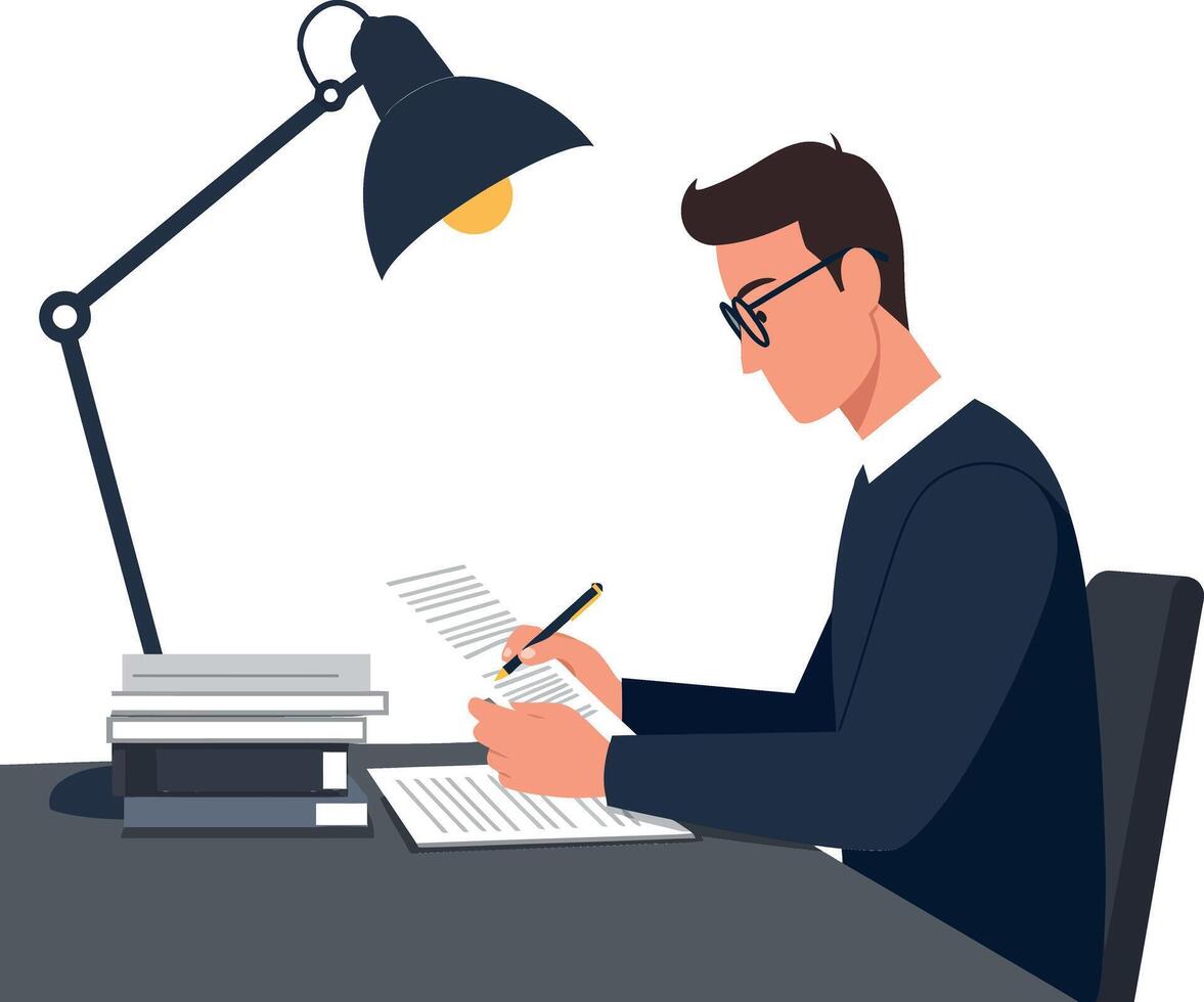 A focused young man writing notes at a desk under a stylish lamp in a minimal illustration vector