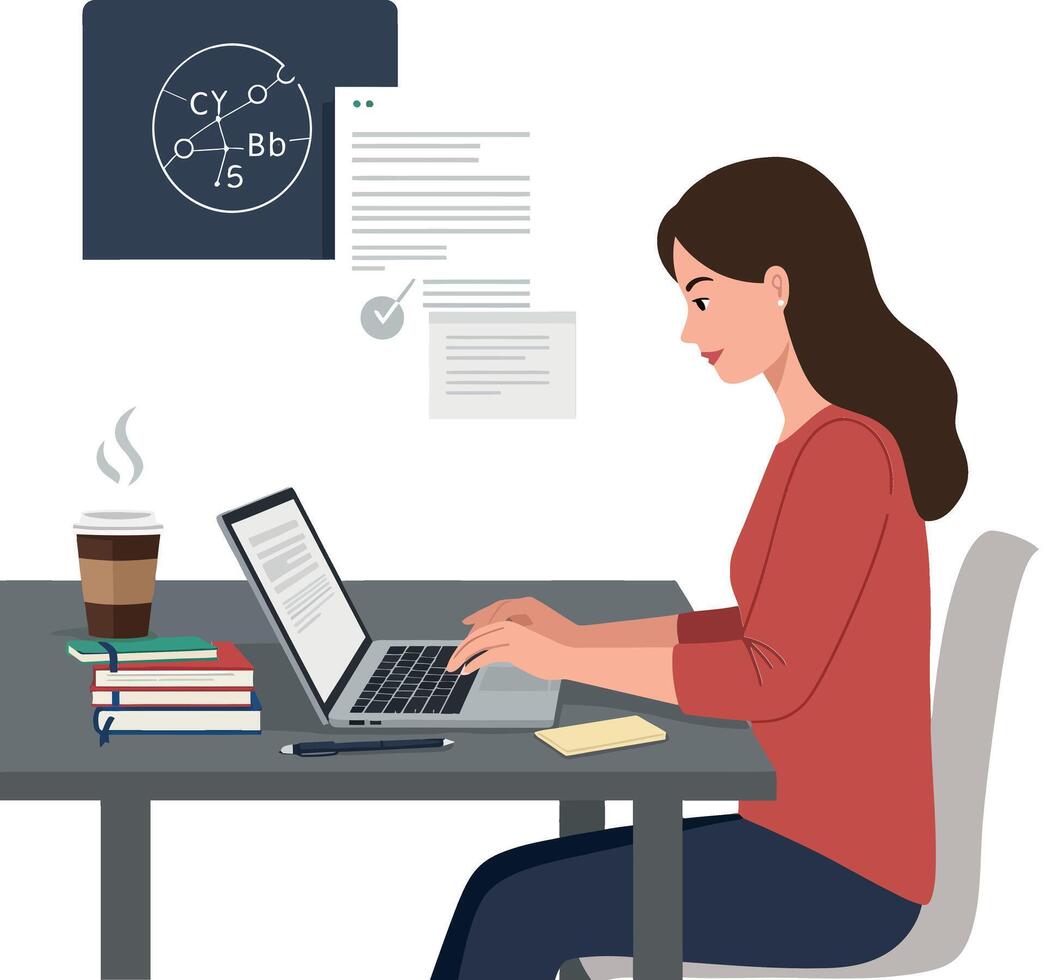 A woman with long brown hair working diligently at a desk with a laptop in a minimal illustration style vector