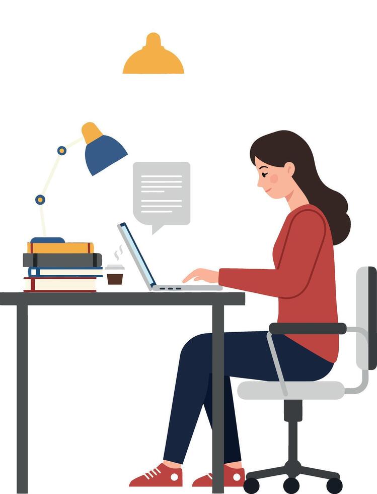 A young woman typing on a laptop while sitting at a desk surrounded by books in a flat illustration vector