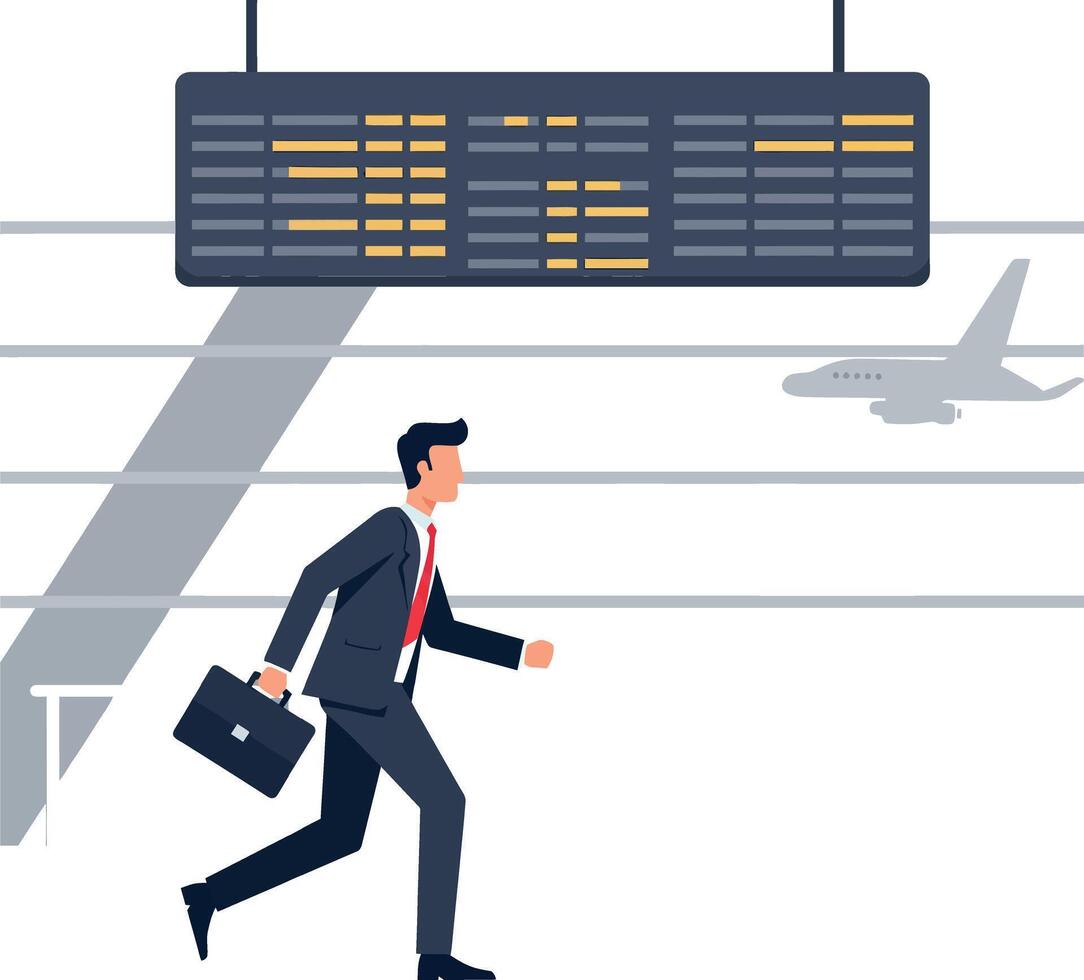Businessman in a suit running towards departure board in a busy airport, flat illustration vector