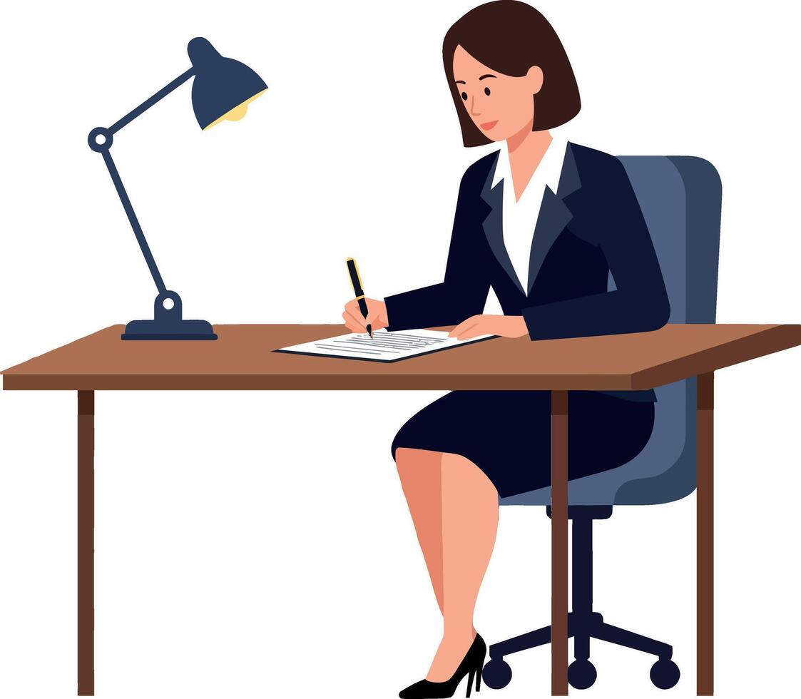 Professional woman in business attire working diligently at a wooden desk with a lamp in a minimal illustration vector