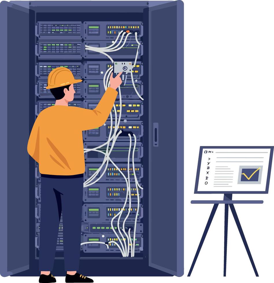 IT technician in an orange shirt managing server connections inside a data center, showcasing detailed flat illustration vector