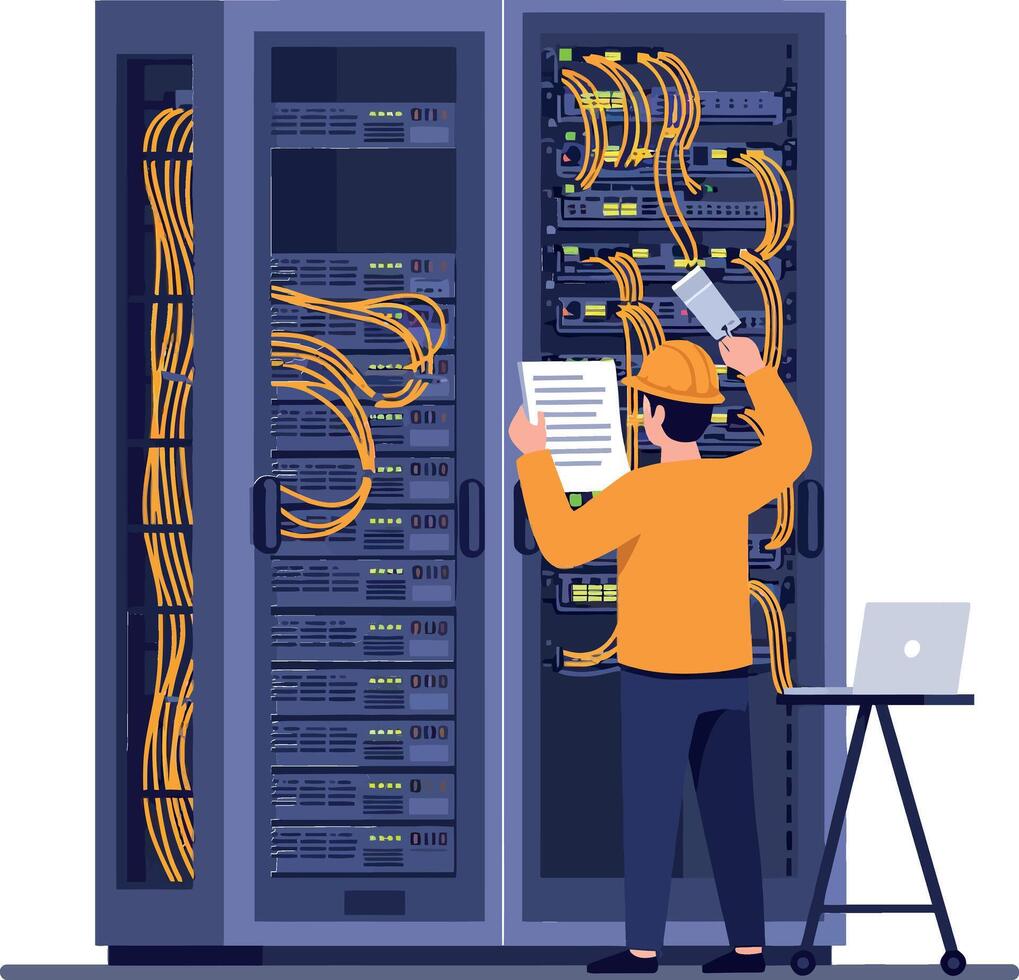 Technician in orange shirt managing server cables in a detailed flat illustration of a data center setup vector