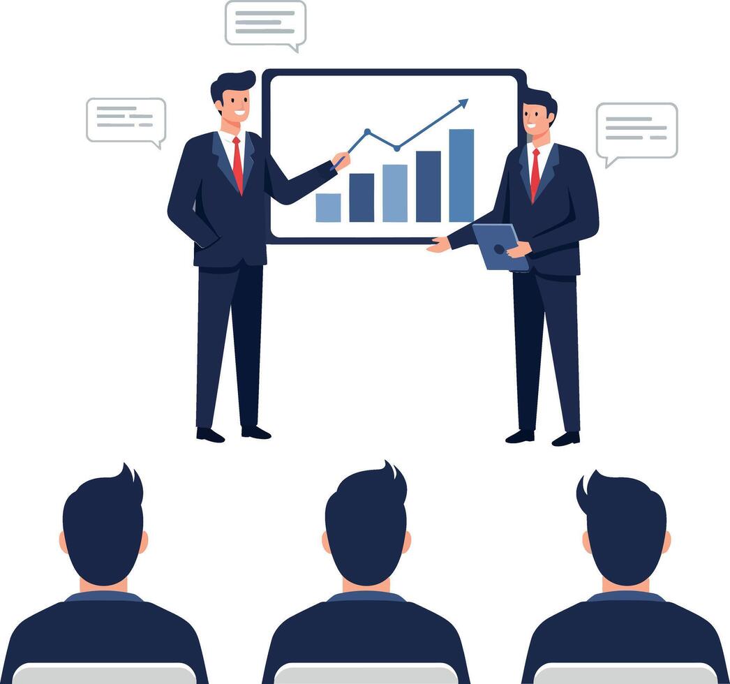 Two business professionals presenting a growth chart in a meeting room with engaged audience, flat illustration vector