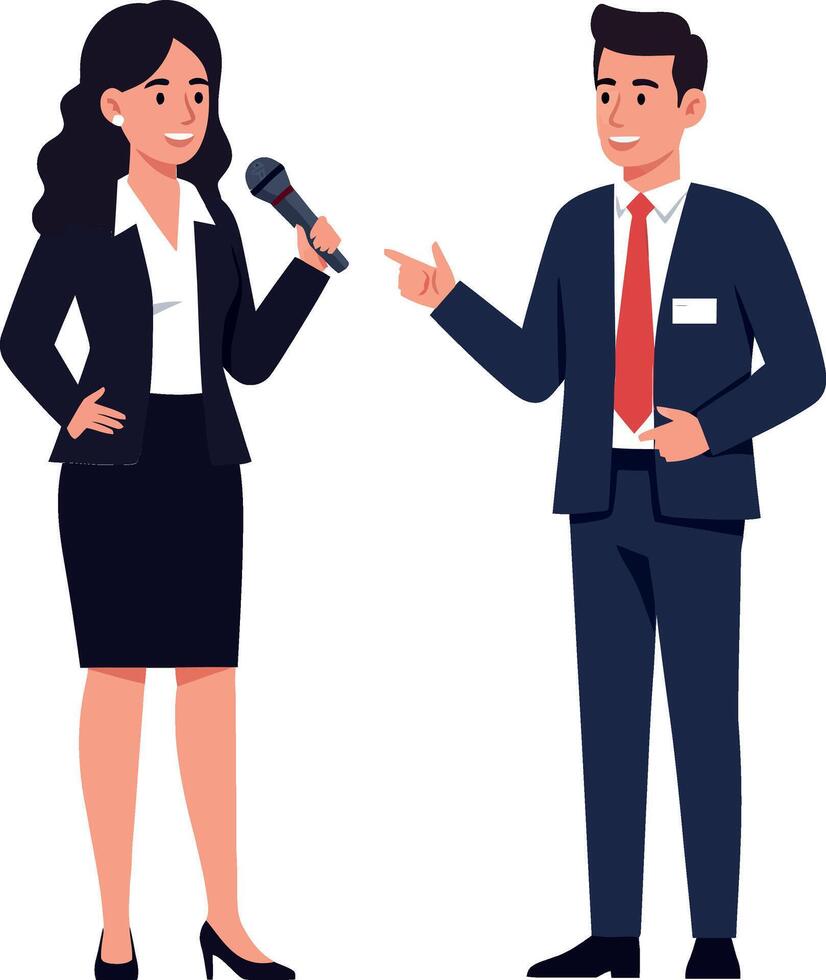 Professional woman interviewing a man in formal attire in a flat illustration style, conveying a dynamic and engaging atmosphere in the scene of communication art vector