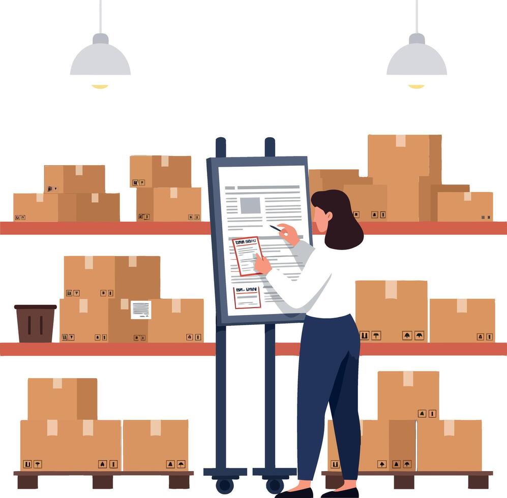 A woman managing inventory in a modern warehouse, surrounded by neatly stacked boxes, using a clipboard in flat art vector