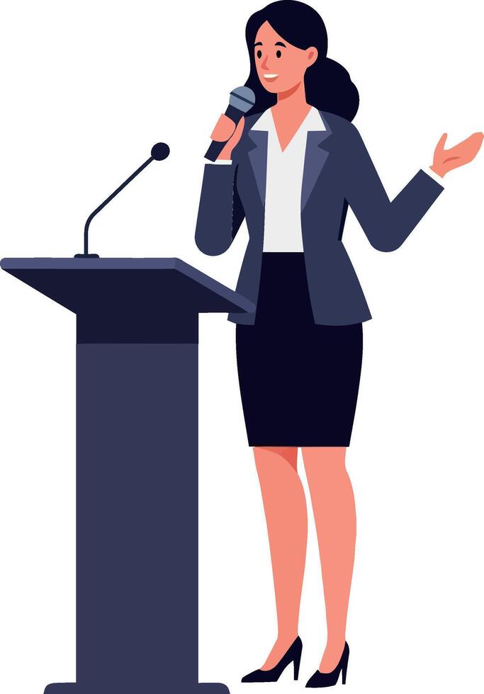 Confident businesswoman speaking at a podium in a professional setting, minimal design style, engaging audience through illustration vector