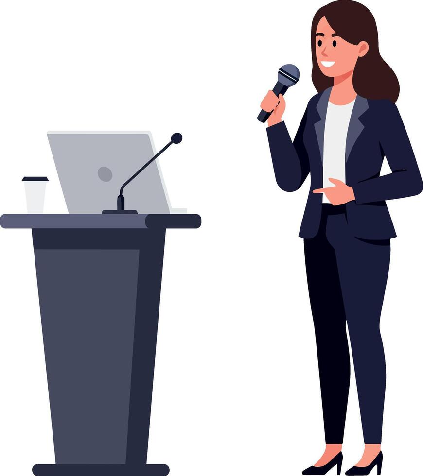 Confident woman presenting at a podium with a microphone in a professional flat illustration setting vector