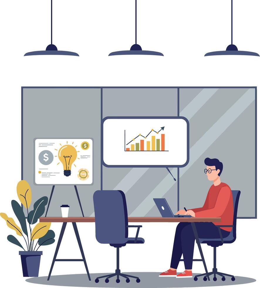 A young man working on a laptop at a modern office desk with growth charts in a minimal illustration vector