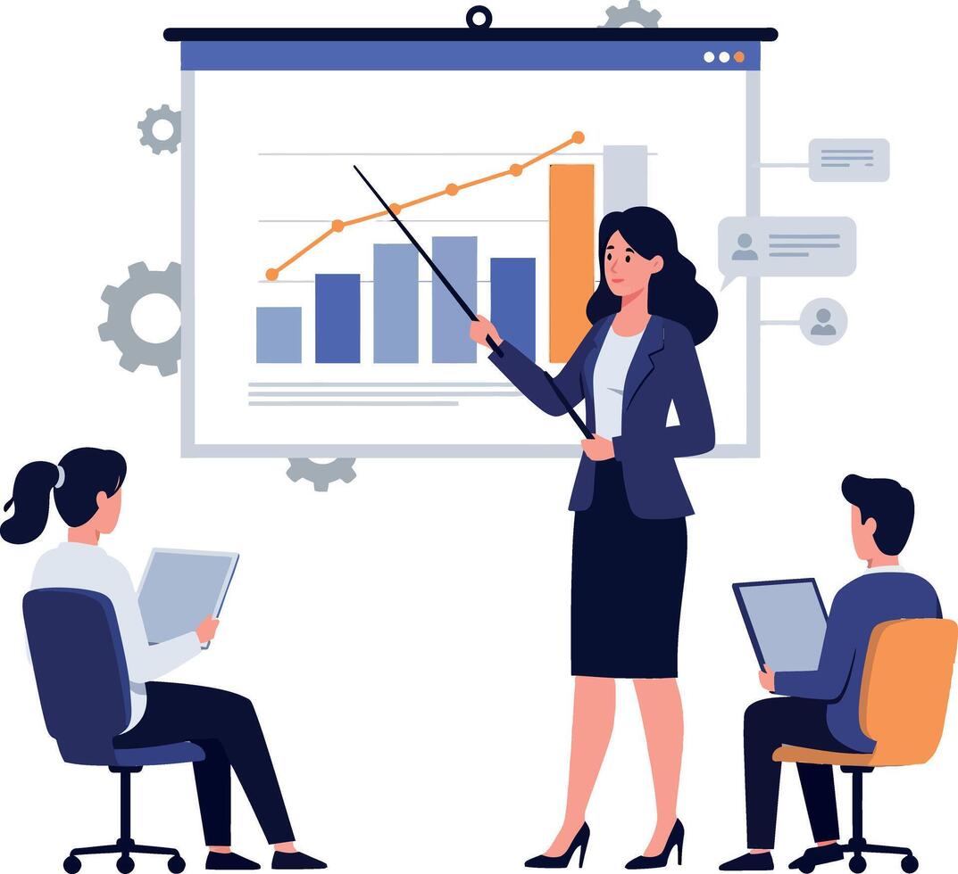 Business presentation scene with a professional woman pointing at a growth chart in a flat illustration style featuring two attentive colleagues vector