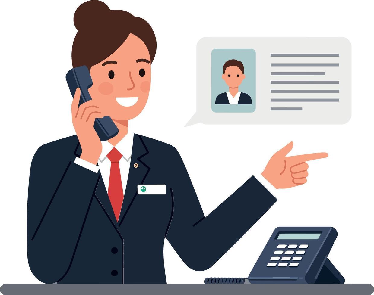A cheerful woman in a suit speaking on the phone while assisting a client at a modern office desk in flat illustration vector