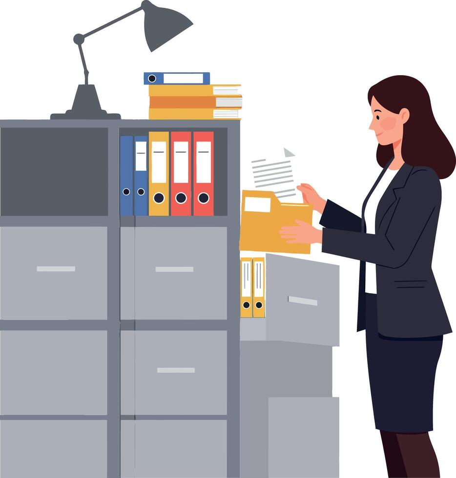 Businesswoman organizing files in a modern office setting with a desk lamp, flat illustration vector