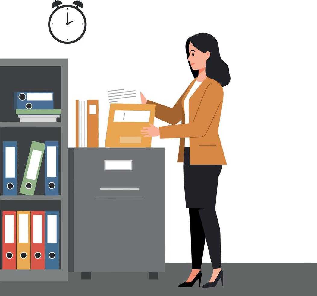 A professional woman organizing files in a modern office setting with minimal design elements in vibrant colors, illustration vector