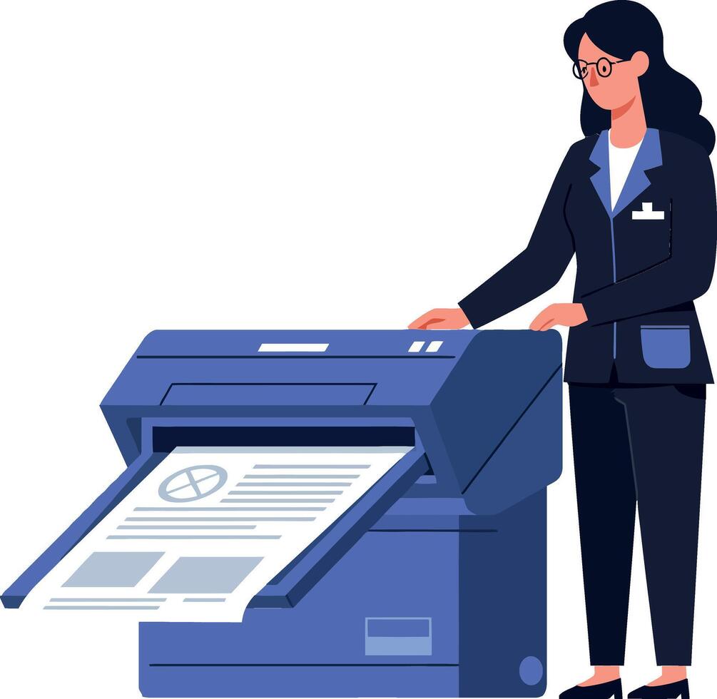 A professional woman in a suit operating a blue printer while documents print, showcasing a flat design style in art vector