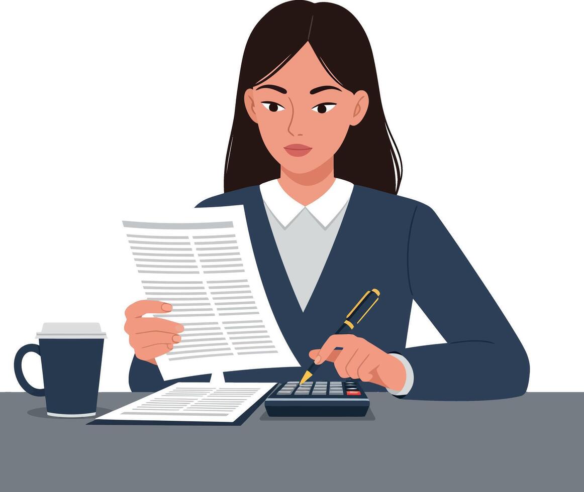 A focused businesswoman analyzing data with a calculator, surrounded by documents and a cup of coffee in a flat art style vector