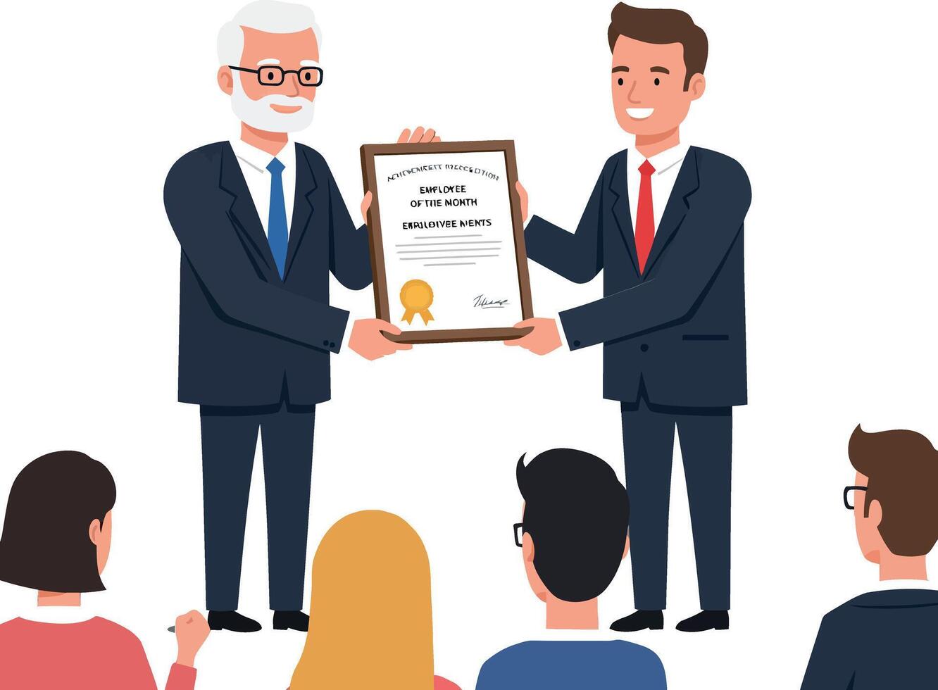 Two men exchanging a certificate in a formal setting with an audience, detailed flat illustration vector