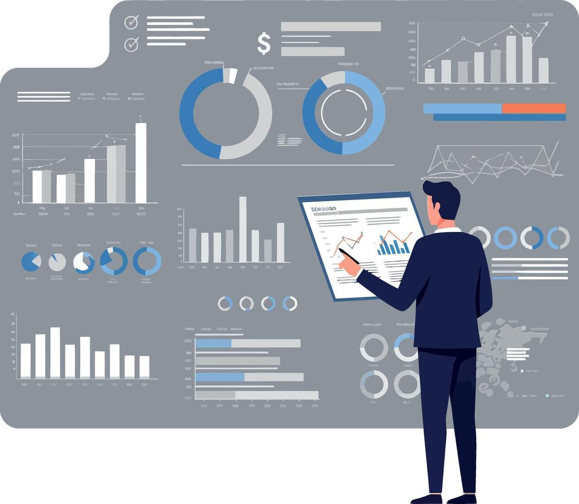 Business professional analyzing data on a tablet in front of detailed charts and graphs in flat art vector