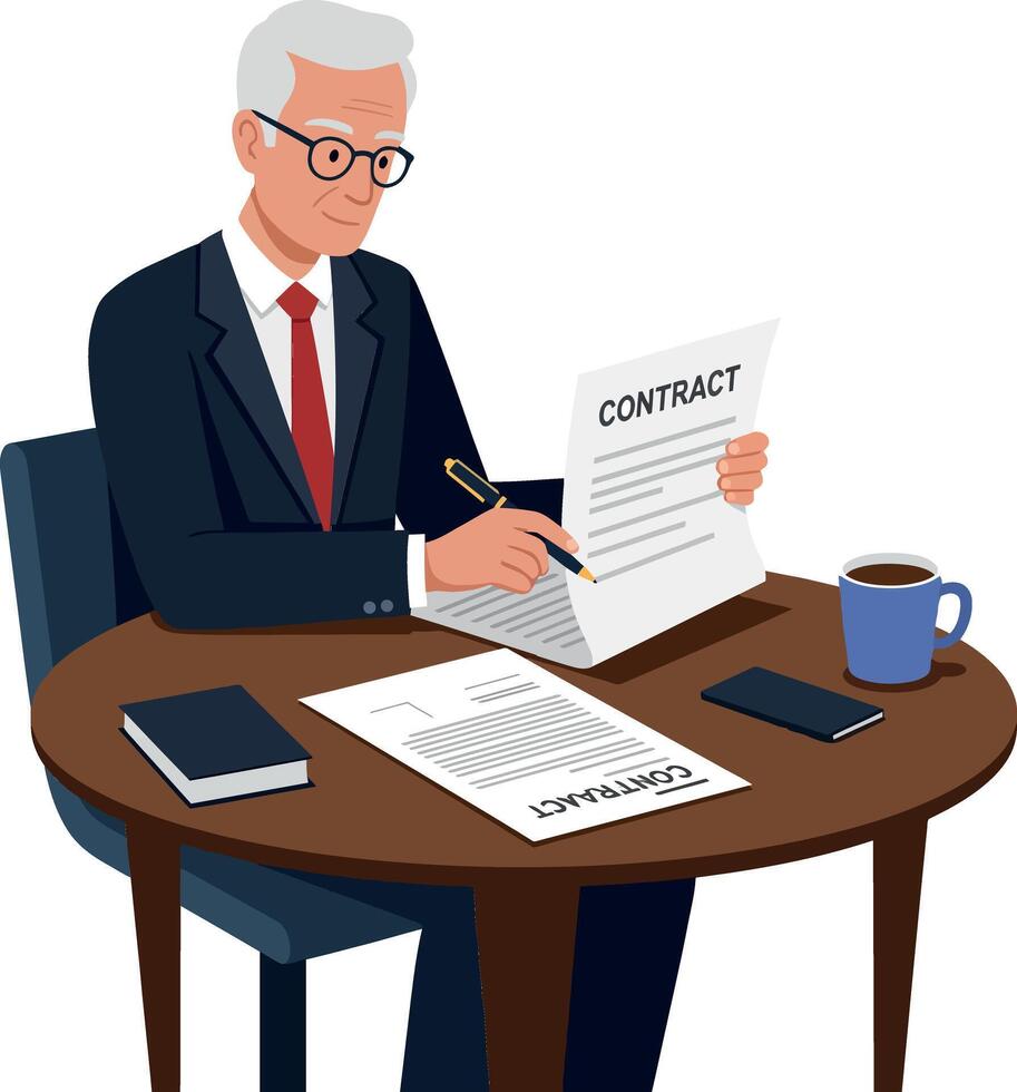 A professional elderly man in a suit reviewing a contract at a wooden table in a minimal illustration style vector