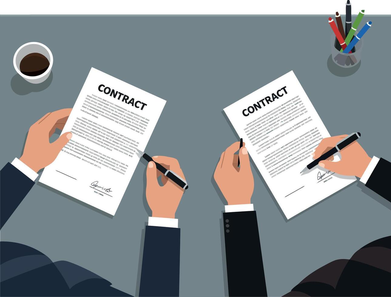 Two business professionals signing contracts in a modern office setting, showcasing a flat design style, illustration vector