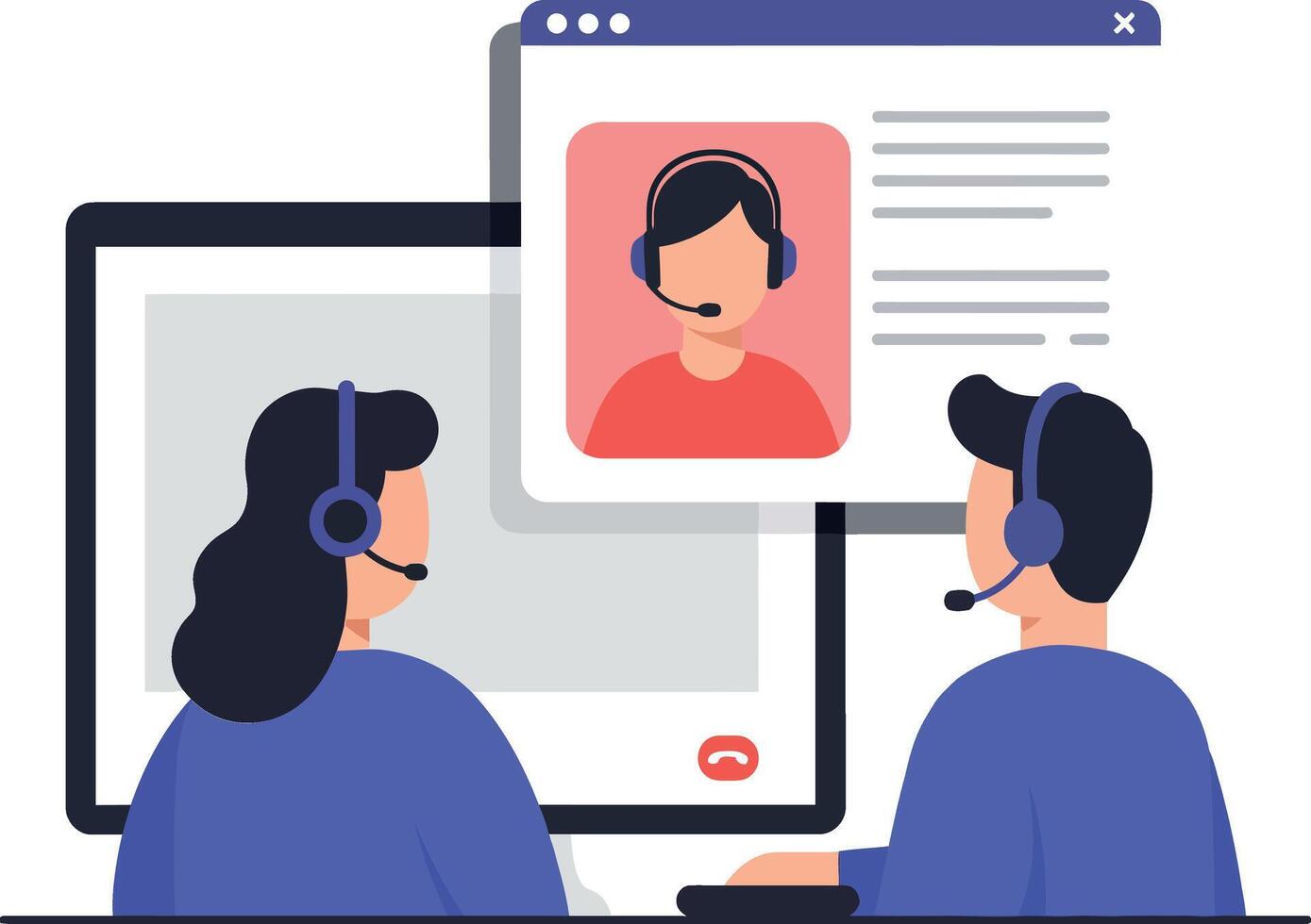 Two people engaged in a call while wearing headsets, showcasing a modern and minimalistic flat design illustration vector