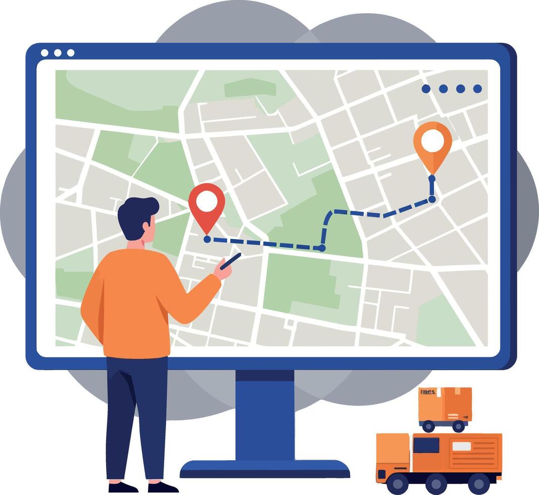 A man analyzing a digital map on a large screen with marked locations depicted in flat illustration vector
