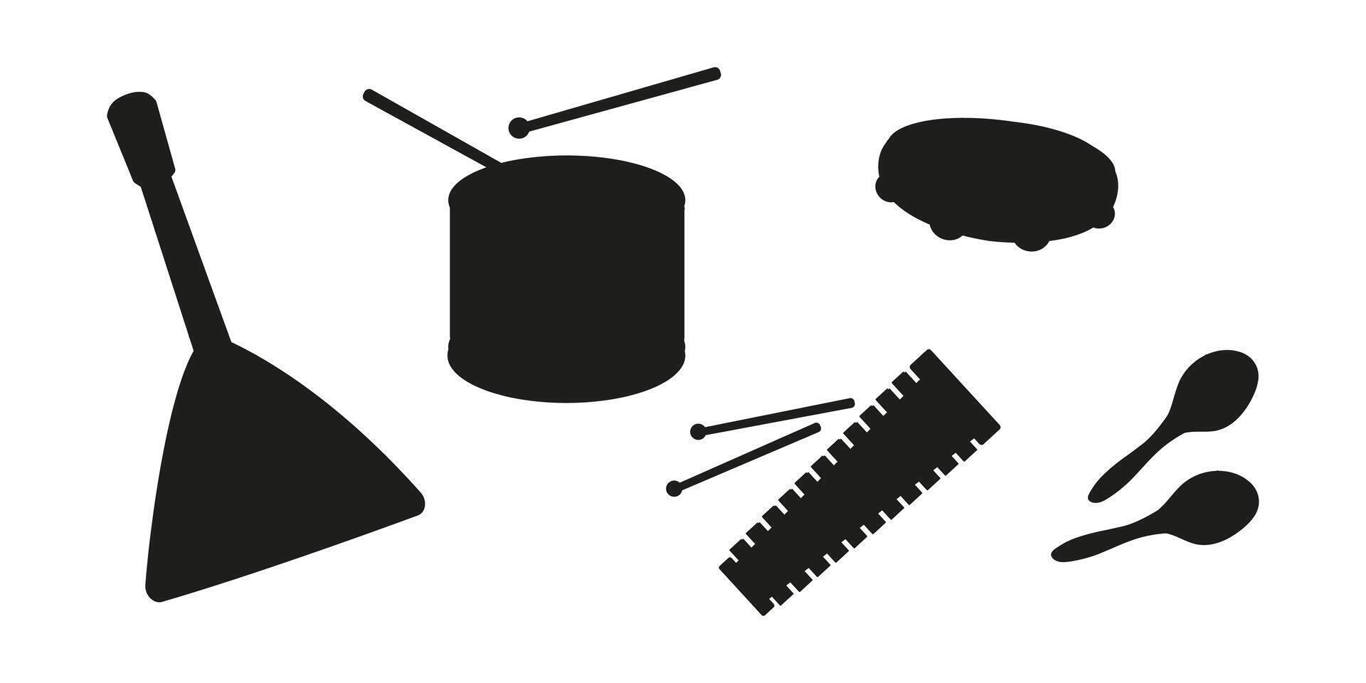 Musical instruments and tools used for creative play and rhythm activities in a fun setting vector