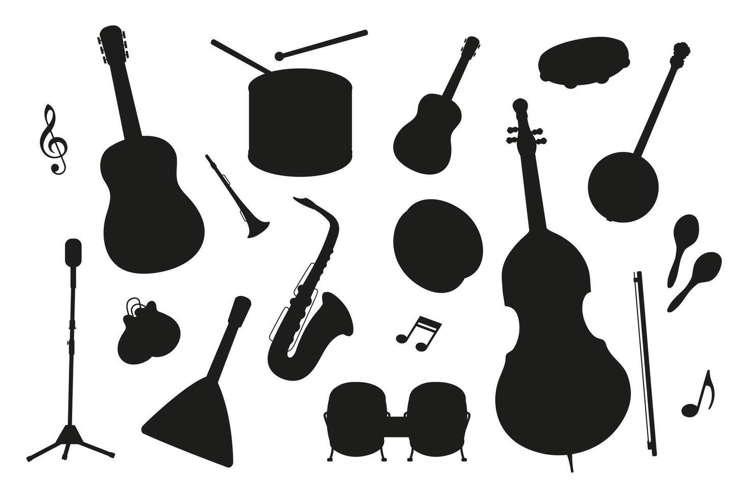 Musical instruments showcase with silhouette designs arranged creatively vector