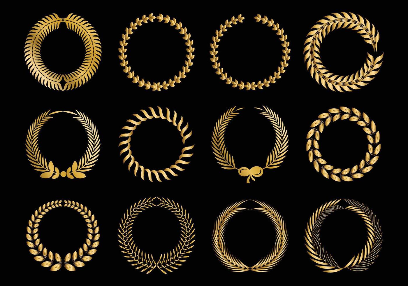 Set of Laurel golden wreath on a black background. vector