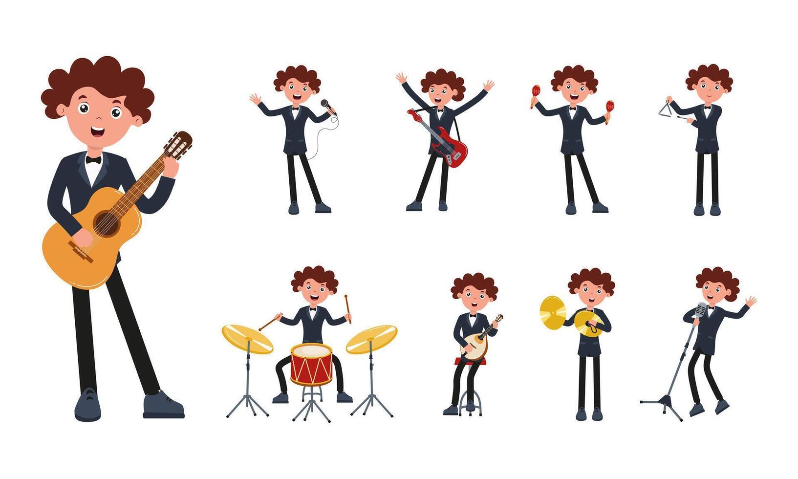 Young musician performs various instruments in vibrant animated style vector