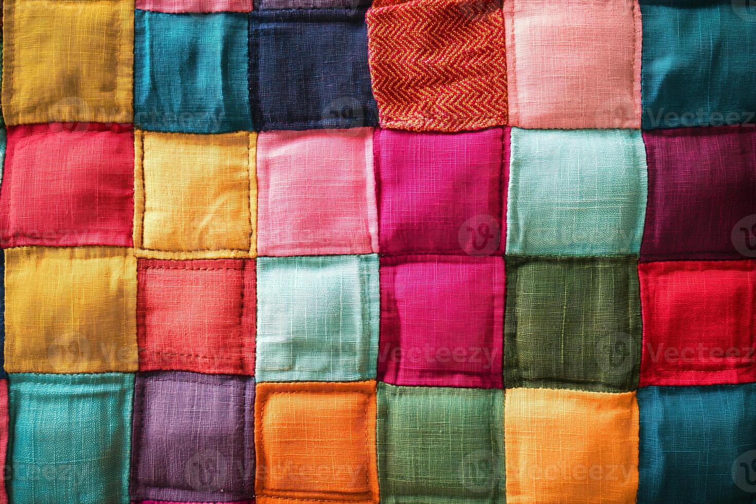 Vibrant Patchwork Fabric Texture of Multicolored Square Patterns in Bold Tones for Craft Projects photo