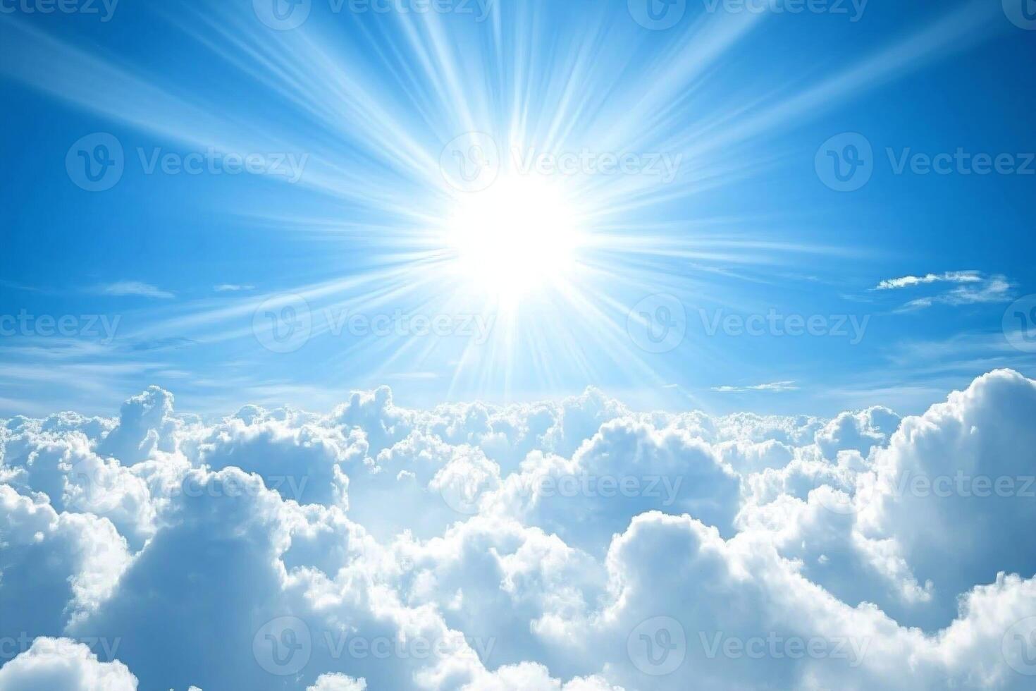 Bright Sunlight Radiating Over White Fluffy Clouds In A Clear Blue Sky Symbolizing Hope And Serenity photo