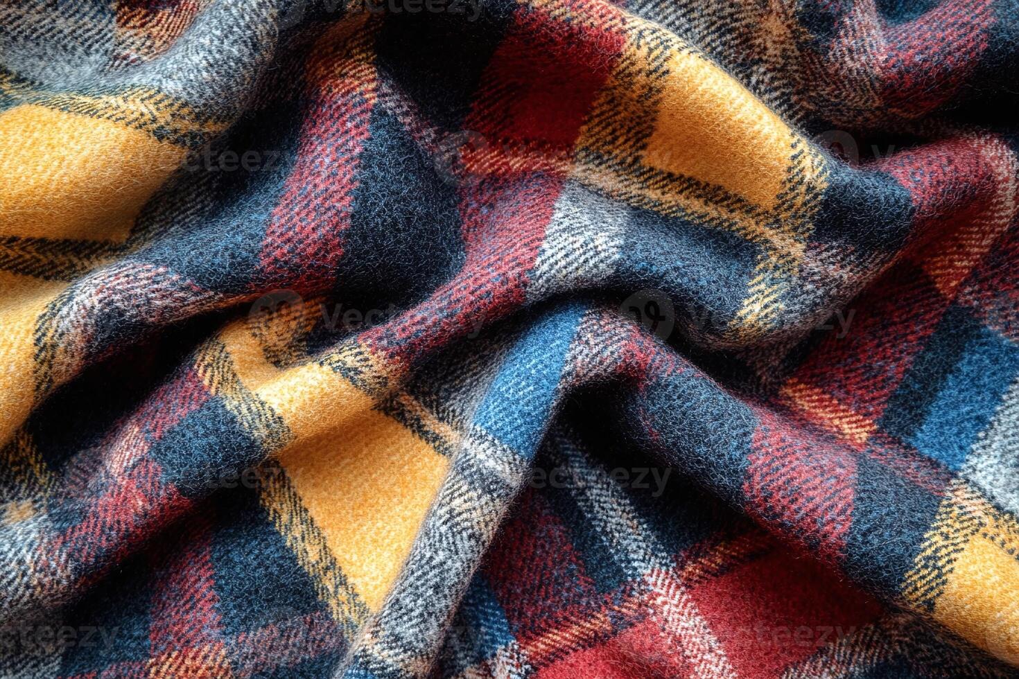 Cozy Multicolored Tartan Fabric Featuring Red Yellow Blue And Dark Gray Textured Checkered Pattern photo