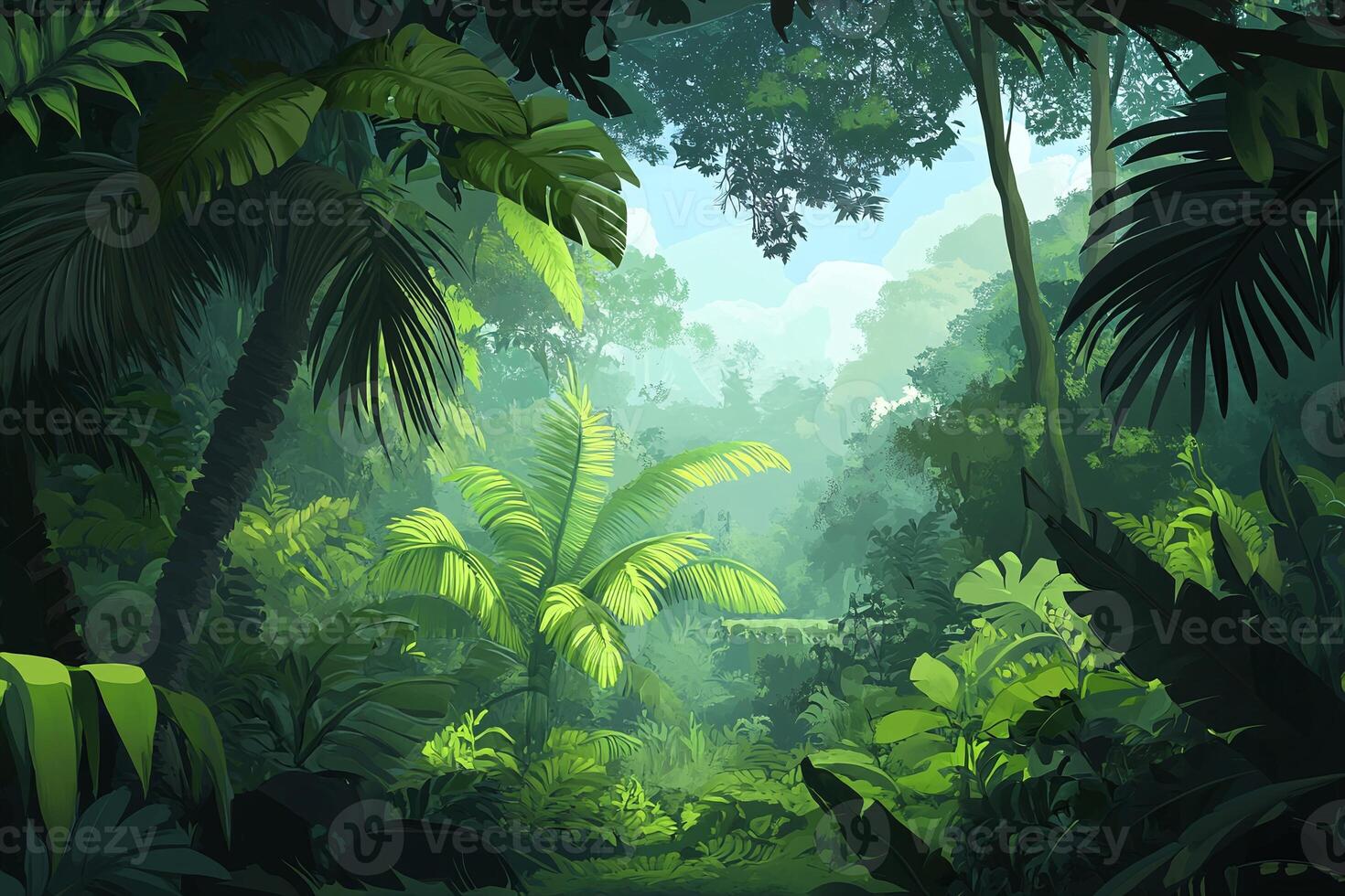 Lush Tropical Rainforest Jungle With Dense Green Foliage Sunlight Filtering Through Trees photo