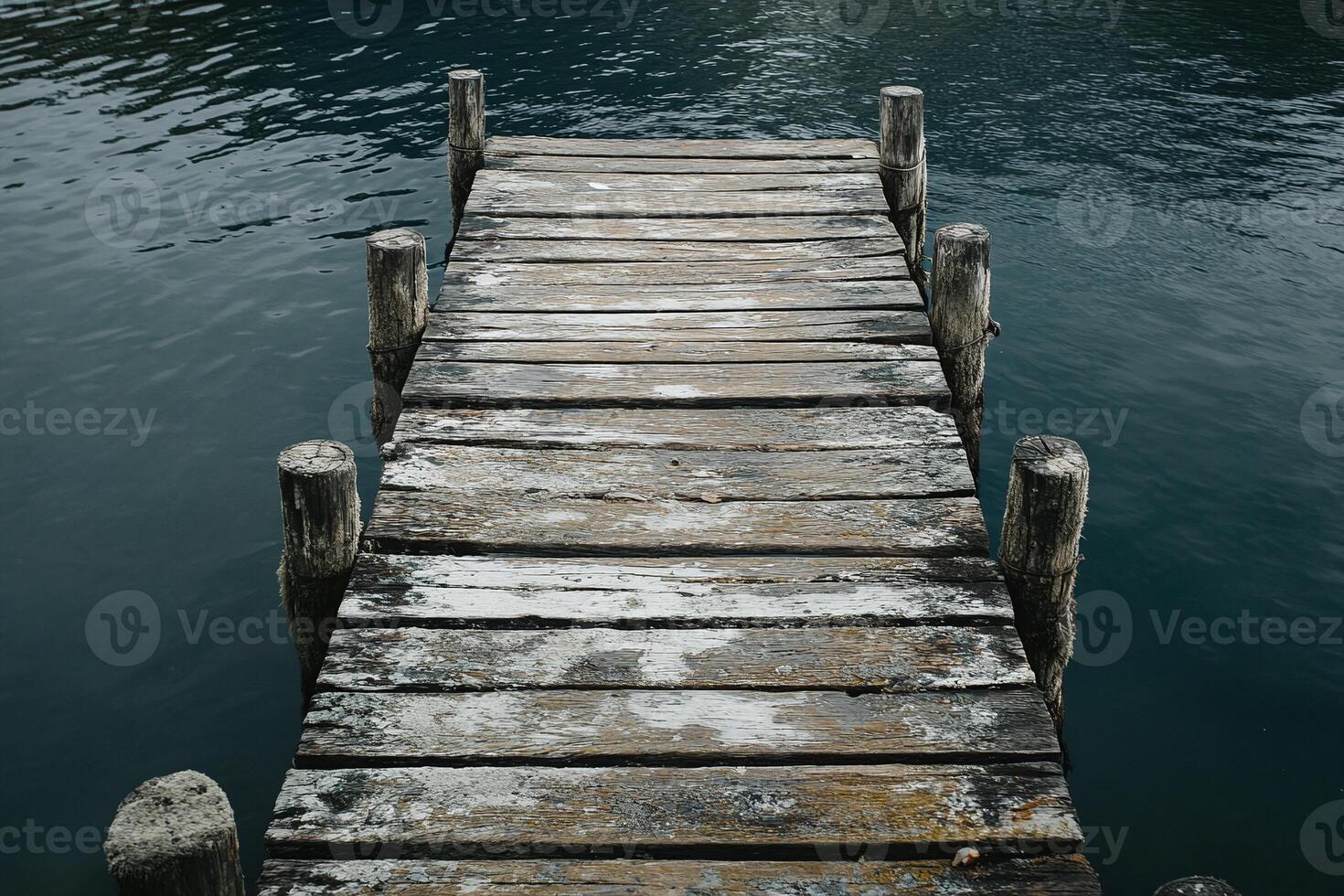 Rustic Wooden Dock Over Calm Blue Lake Water with Weathered Planks and Peaceful Outdoor Setting photo