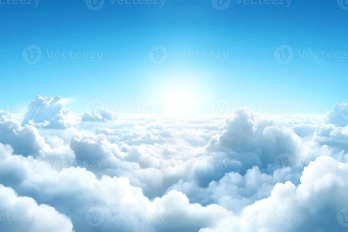 Bright Blue Sky with Sunlight and Fluffy White Clouds in a Peaceful and Serene Atmosphere photo