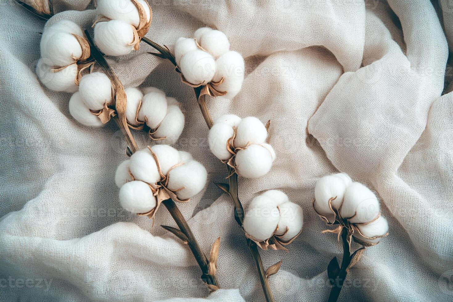 Cotton Flowers on Beige Fabric Texture for Organic Textile and Nature Background photo