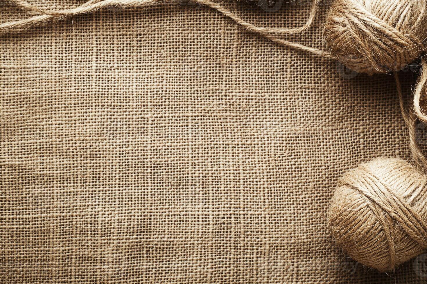 Natural Burlap Texture Background with Jute Twine Balls for Crafts and Rustic DIY Projects photo