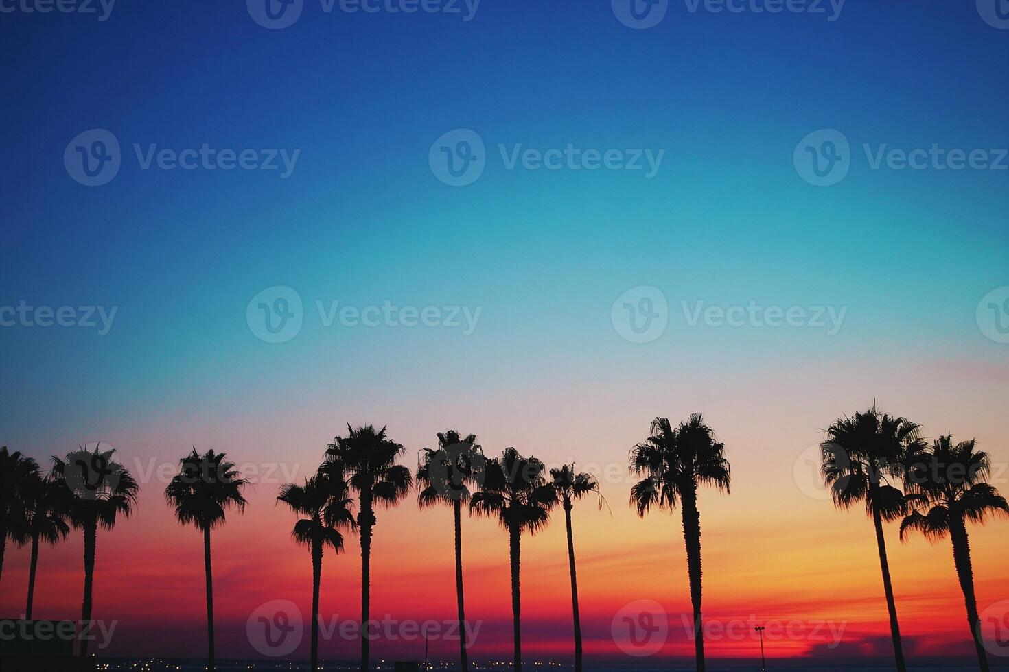 Silhouetted Palm Trees Against Vibrant Red Orange Sunset and Blue Twilight Sky Coastal Landscape photo