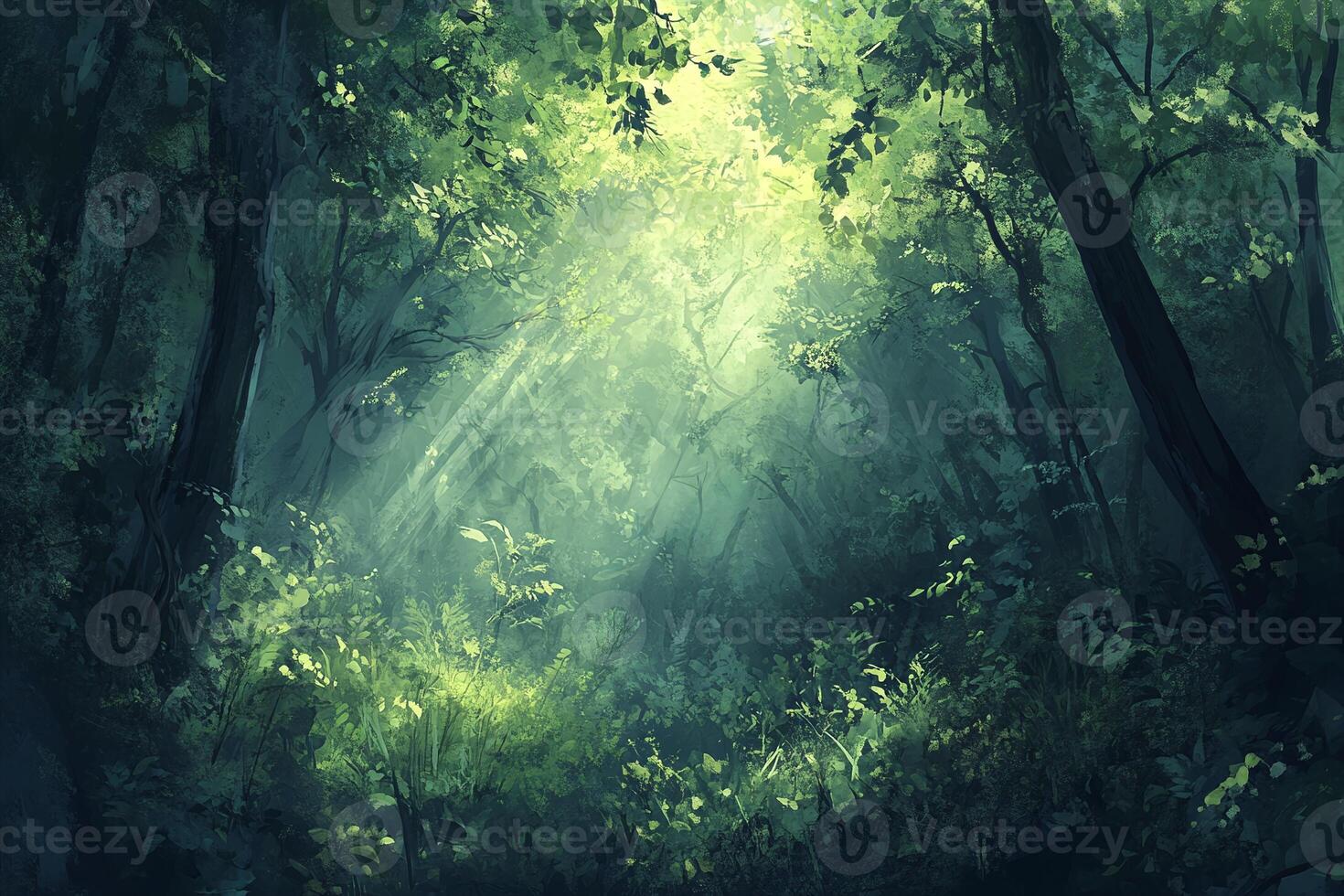 Sunlight Streaming Through Dense Green Forest Canopy with Lush Vegetation and Tranquil Atmosphere photo